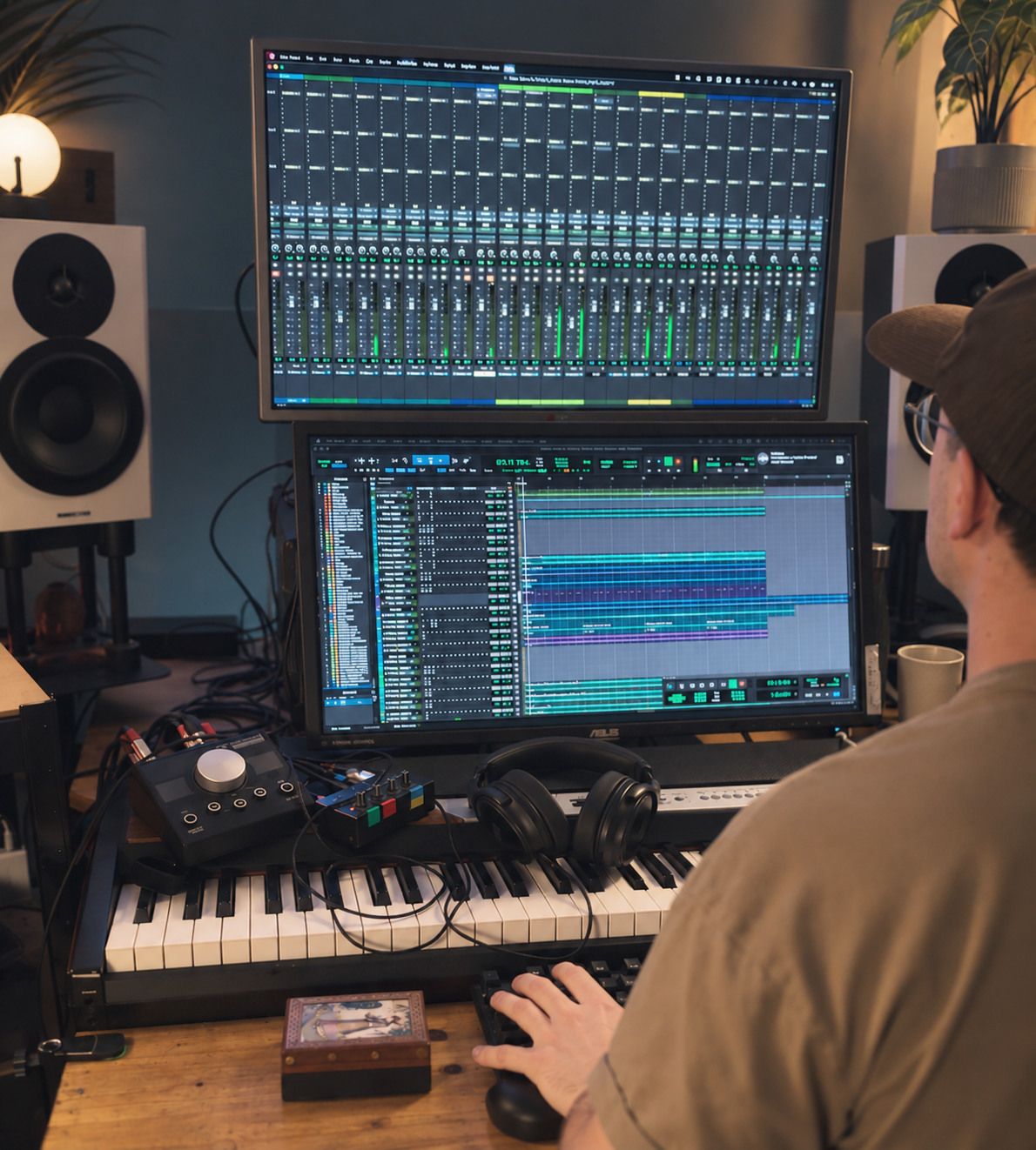 Max Greaves working over a two-screen setup, a Pro Tools mixer on the upper screen and an edit session below, with a MIDI keyboard, audio interface and headphones in front of him.