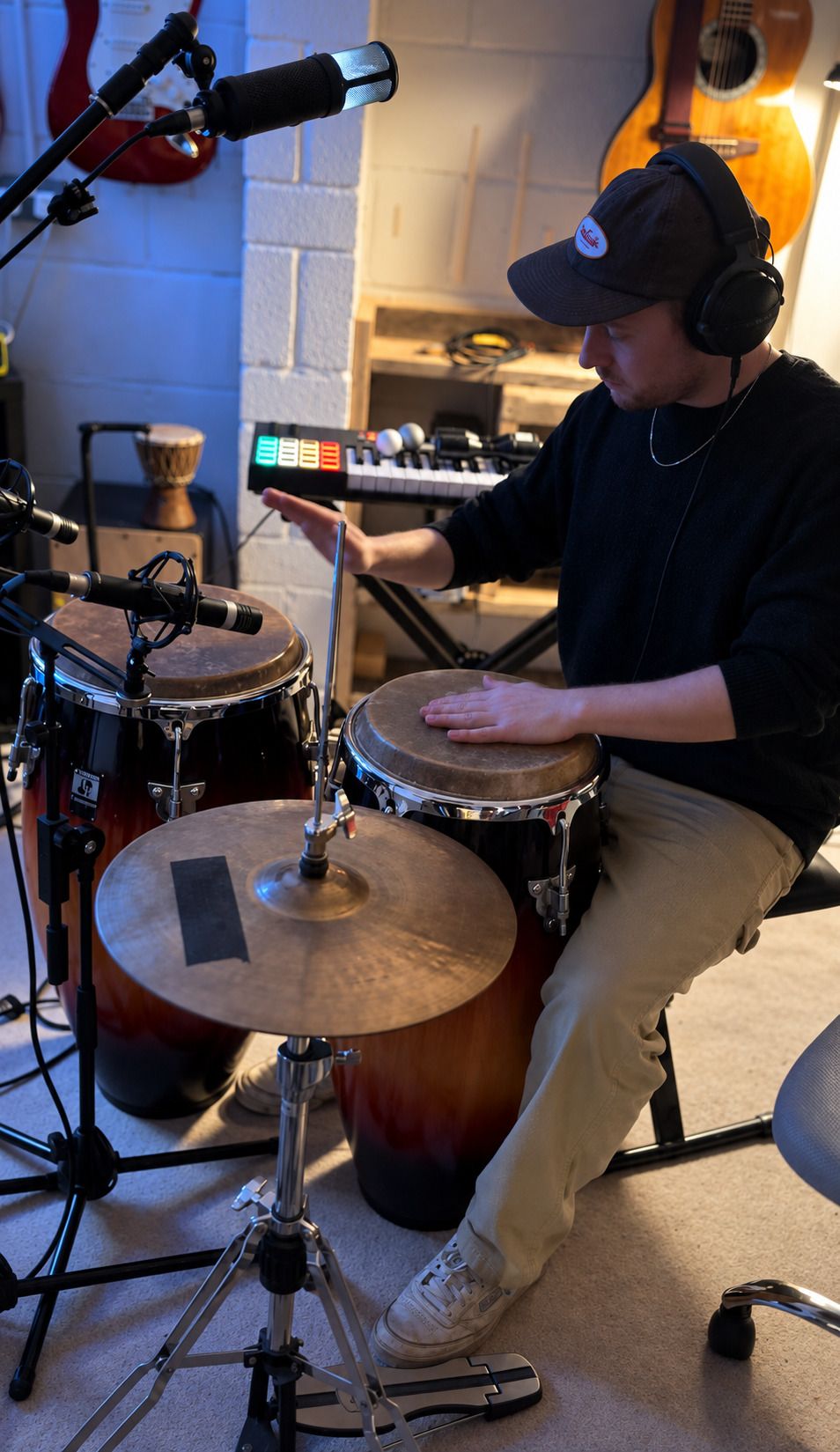 A drummer in headphones playing a kit with microphones positioned around the cymbals and snare.