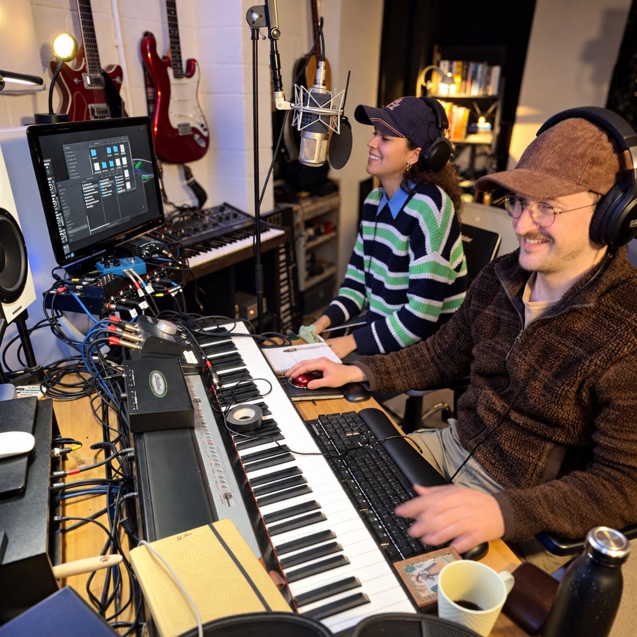 Max Greaves and artist IMAN both laughing at the studio desk, headphones on, with guitars and a bookshelf behind them.
