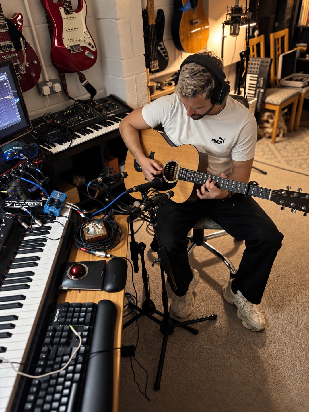 A musician in headphones playing acoustic guitar into a pair of microphones, with electric guitars and a bass hanging on the wall behind.